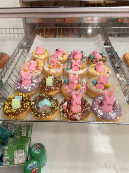 Seasonal Easter donuts decorated with candy bunnies